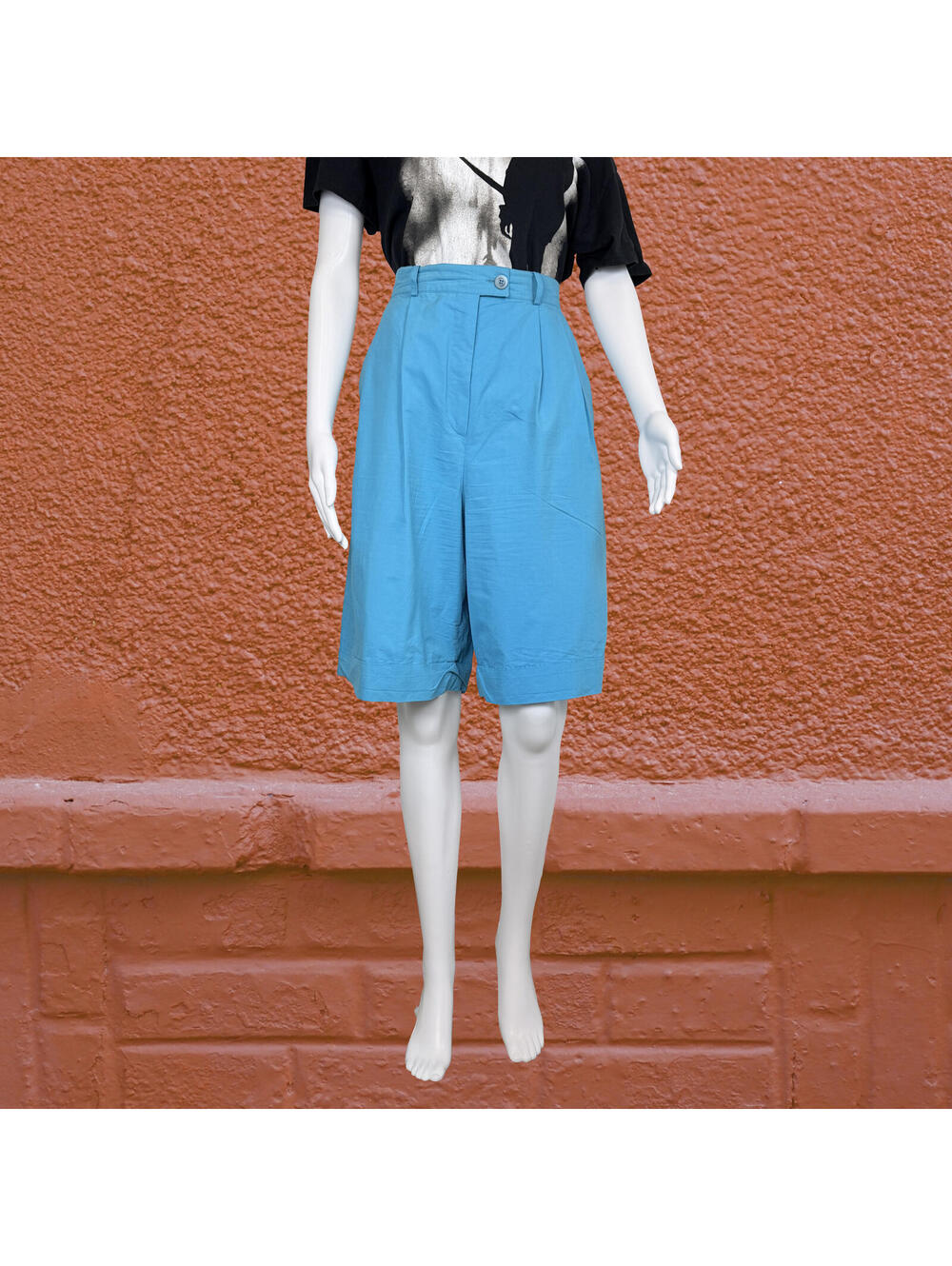 Vintage Blue High Waist Shorts Pleated Tailored Bermuda Shorts Small to Medium